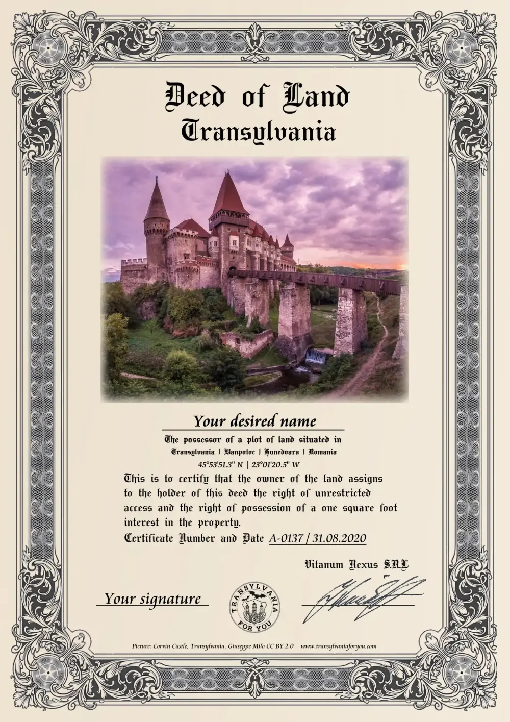 Image on the deed: Corvin Castle