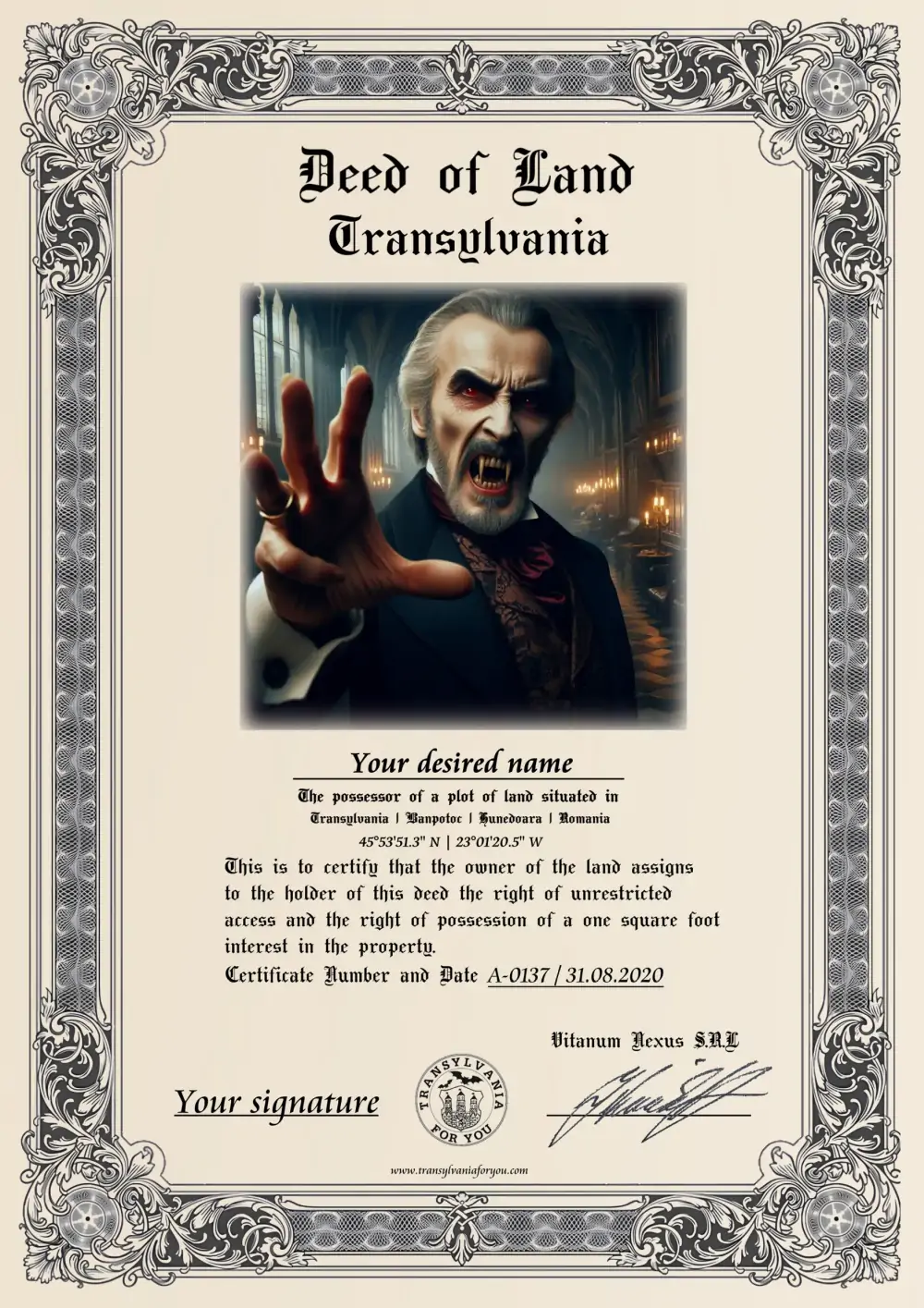 Image on the deed: Count Dracula, Christopher Lee