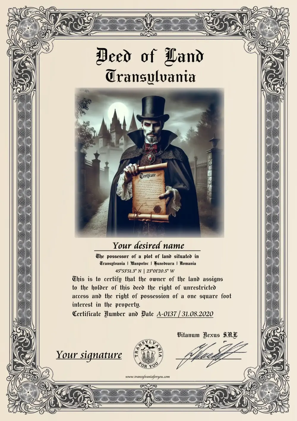 Image on the deed: Count Dracula with certificate