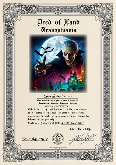 Count Dracula with Vampire Bats land ownership certificate – digital download, DIN A4