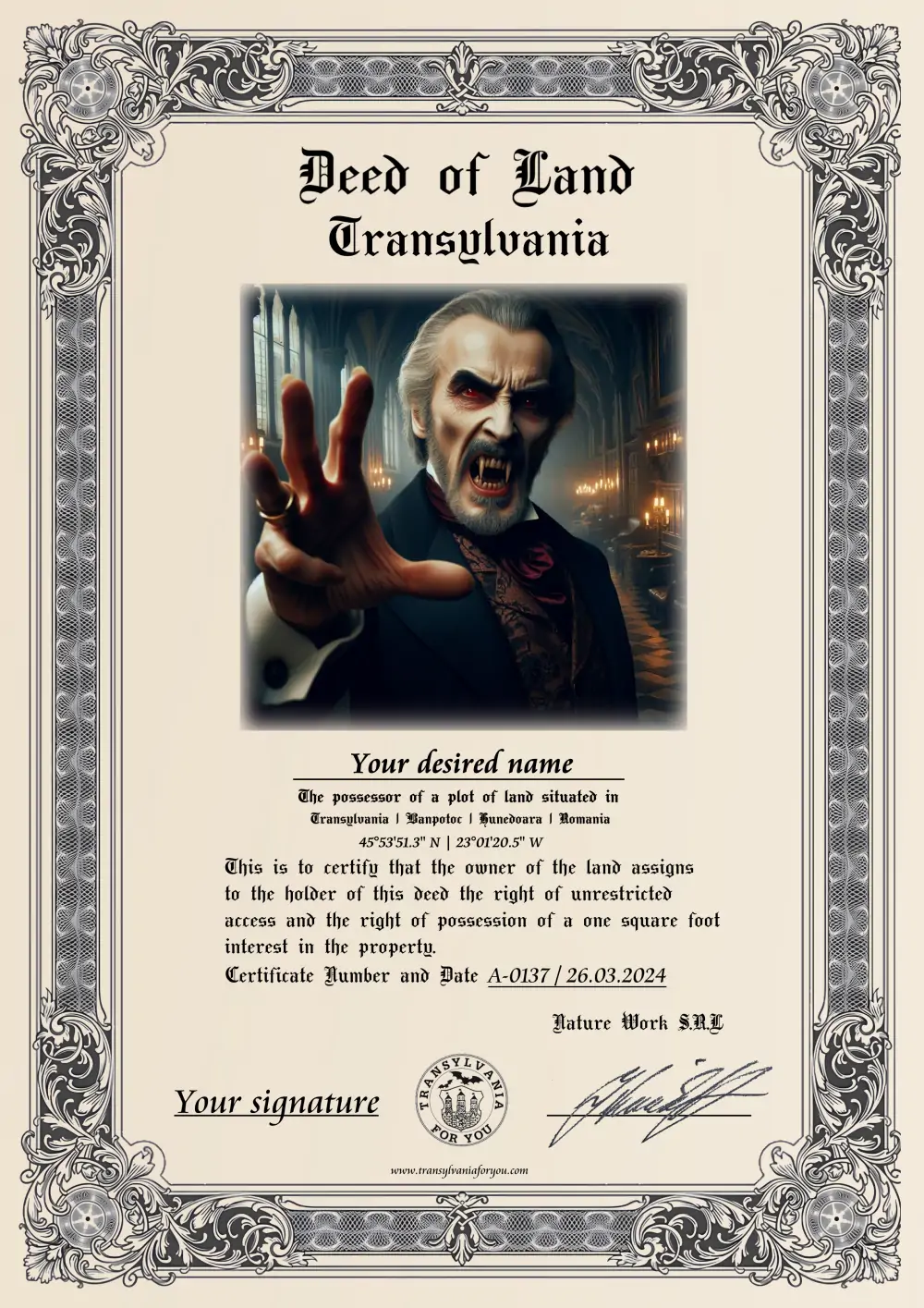 Image on the deed: Count Dracula, Christopher Lee