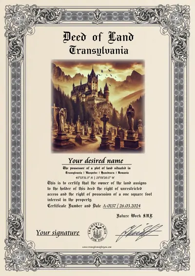 Art print of the certificate: Count Dracula's castle with gothic cemetery