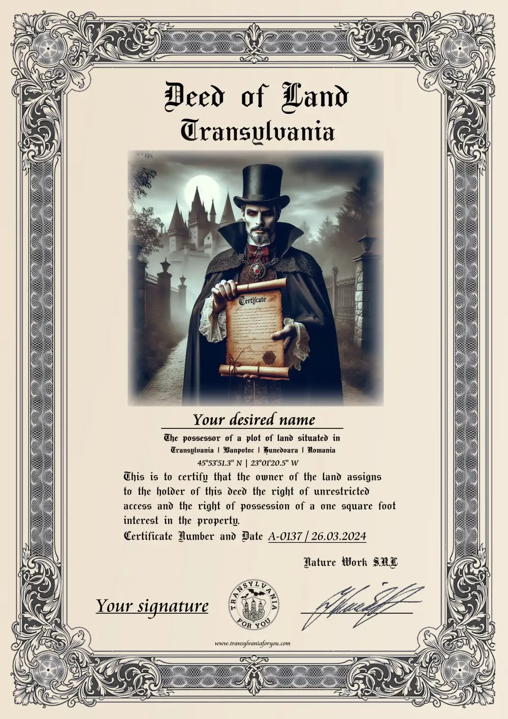 Image on the deed: Count Dracula with certificate