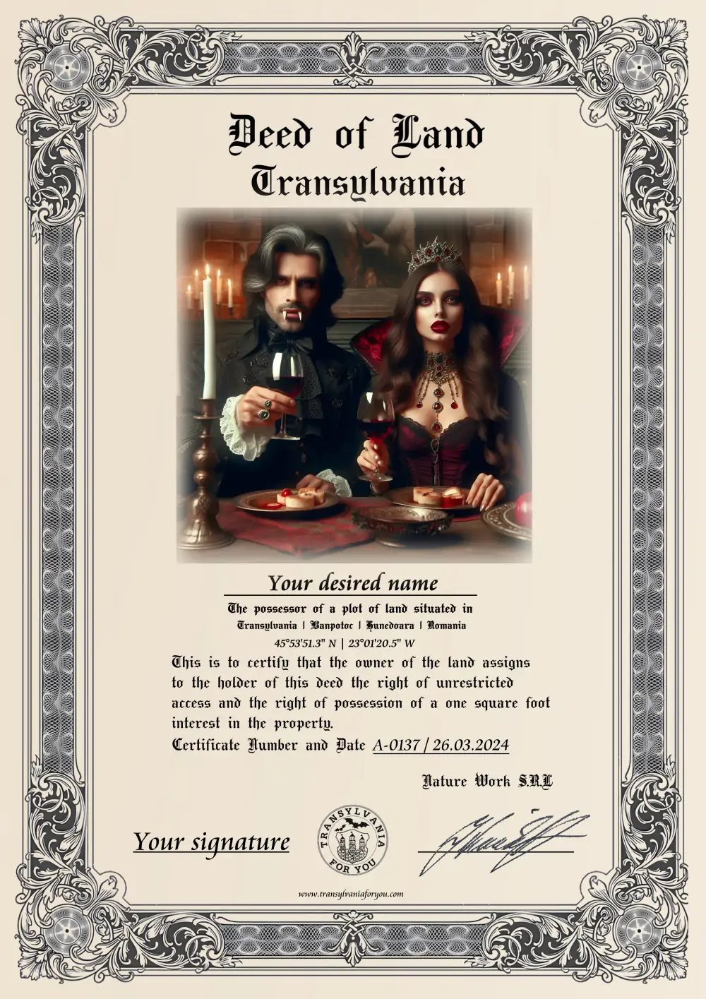 Image on the deed: Count Dracula with vampire lady