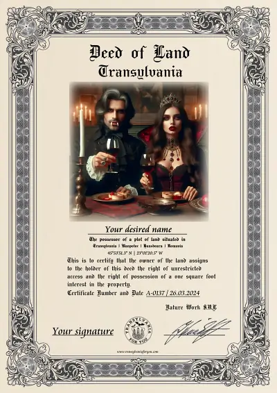 Count Dracula with Vampire Lady land ownership certificate – digital download, DIN A4